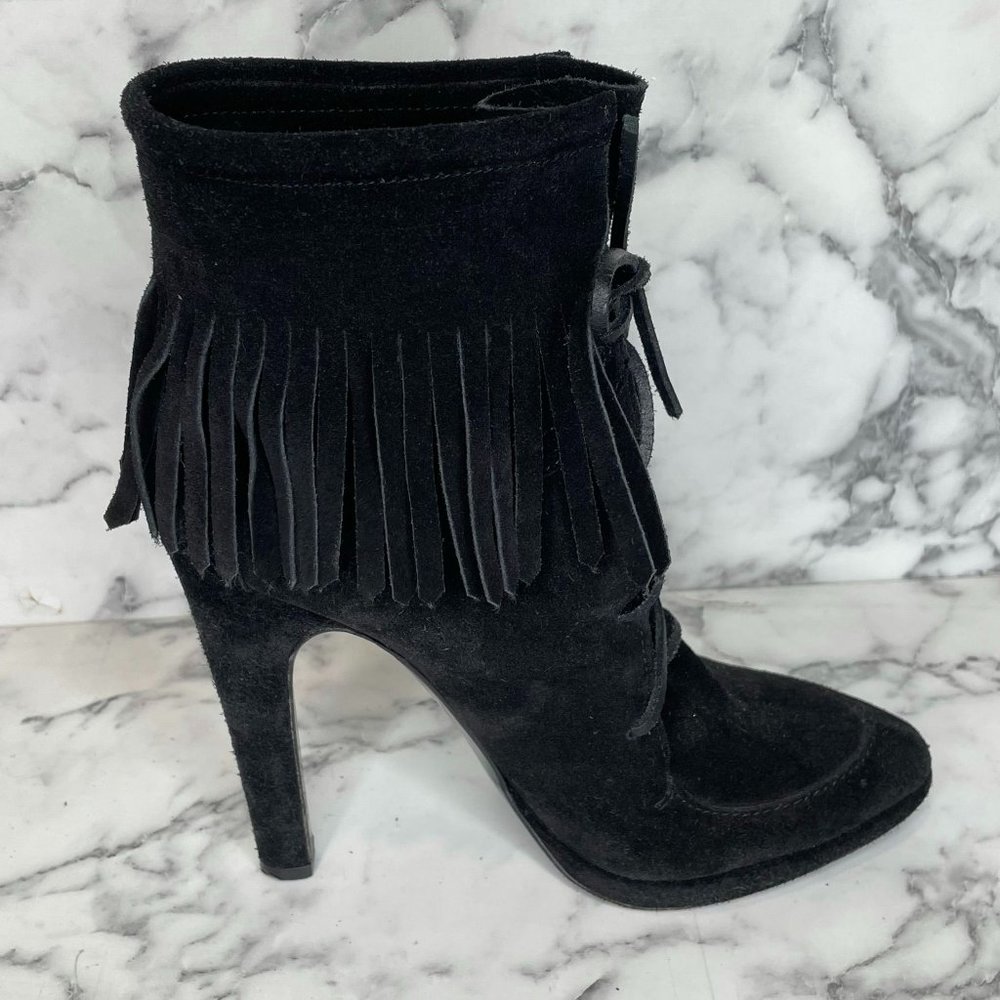 GIUSEPPE ZANOTI x BALMAIN Black Suede Fringe Lace-Up Ankle Heel Booties - Picture 4 of 10